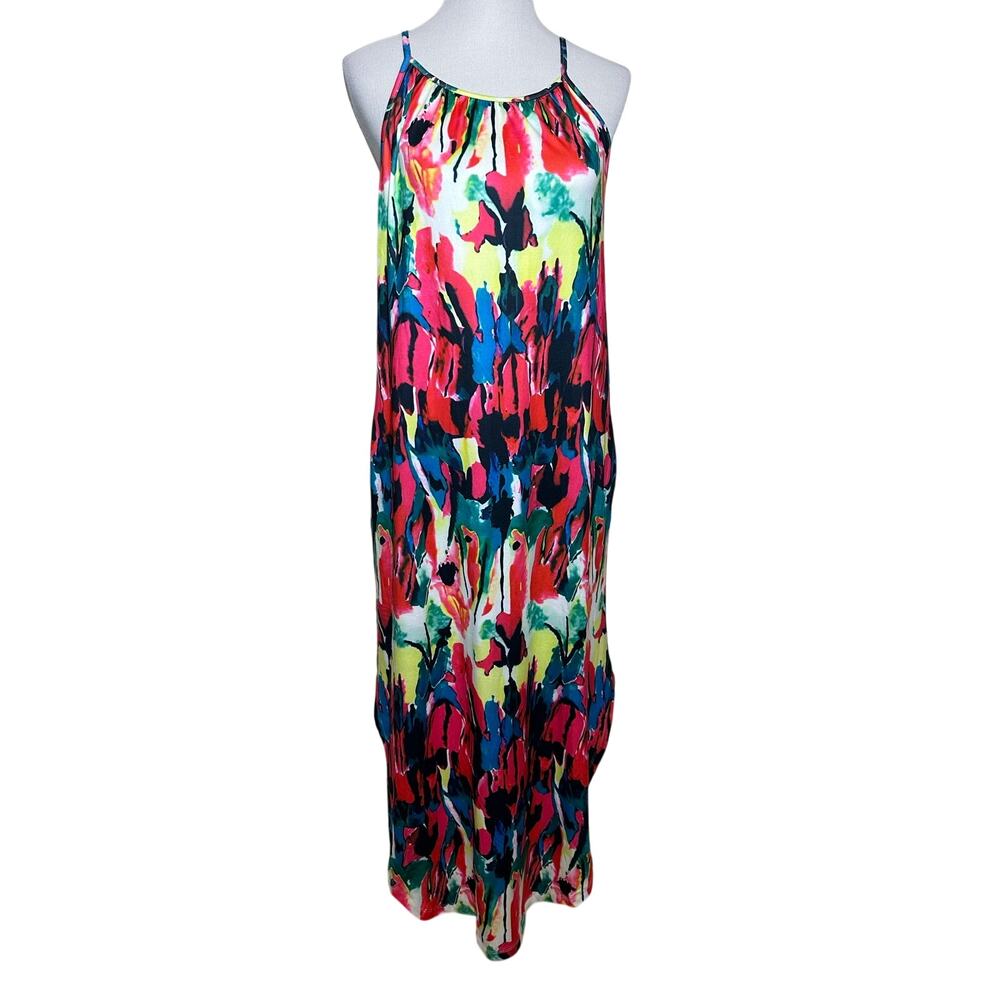 HALIFE Multicolor Abstract Water Color Pockets Maxi Tank Dress Sz M NWT